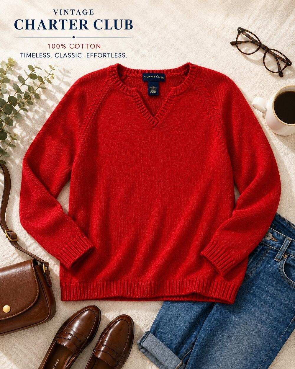 Vintage Charter Club Red 100% Cotton V-Neck Sweater Womens L Classic Raglan Knit